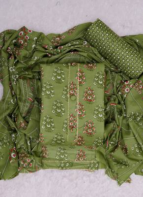 Sea green cotton floral unstitched suit with cotton dupatta 1