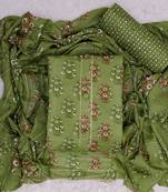 Sea green cotton floral unstitched suit with cotton dupatta