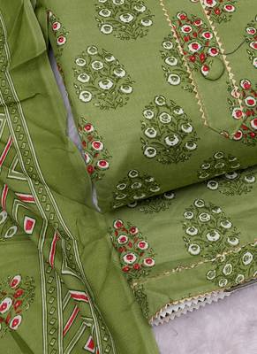 Sea green cotton floral unstitched suit with cotton dupatta 2