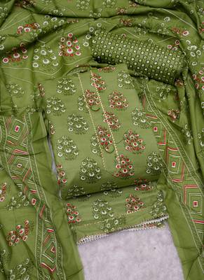 Sea green cotton floral unstitched suit with cotton dupatta 3