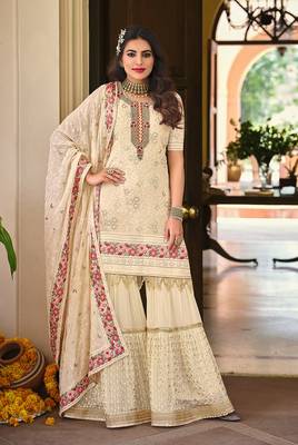 Cream Georgette Designer Salwar Kameez  1