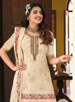 Cream Georgette Designer Salwar Kameez  2
