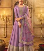 Lavender Embroidered Dola Silk Blend Aanarakali Floor Length Suit