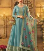 Sky Blue Embroidered Dola Silk Blend Aanarakali Floor Length Suit