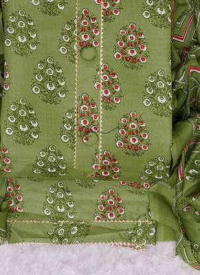 Sea green cotton floral unstitched suit with cotton dupatta 5