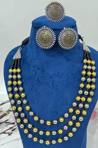 3 layer multistrand necklace set, Indian jewelery set, oxidised multilayer set, ethnic jewellery