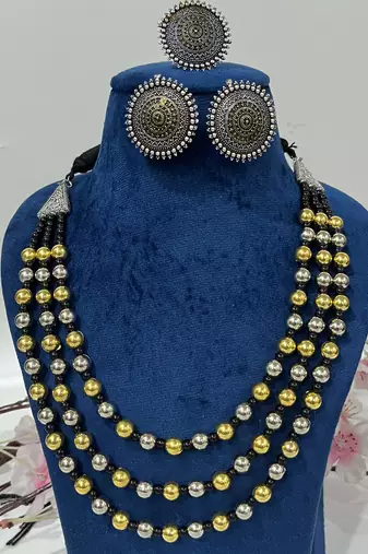 3 layer multistrand necklace set, Indian jewelery set, oxidised multilayer set, ethnic jewellery