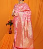 Baby pink woven Banarasi silk blend paithani saree with blouse