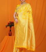 Yellow woven Banarasi silk blend paithani saree with blouse