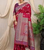 Maroon woven Banarasi silk blend emboss saree with blouse