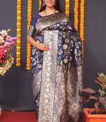 Navy blue woven Banarasi silk blend designer saree with blouse