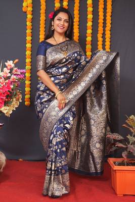 Navy blue woven Banarasi silk blend designer saree with blouse 2