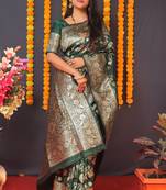 Dark green woven Banarasi silk blend designer saree with blouse