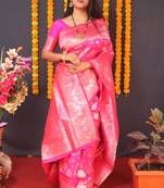 Pink woven Banarasi silk blend designer saree with blouse