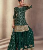 Dark green colour chinon silk embroidered stitched sharara suit