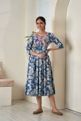 Womens Rayon Self Designer Floral Printed Blue Flared Kurtis  1