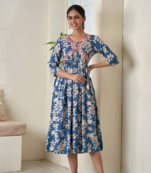 Womens Rayon Self Designer Floral Printed Blue Flared Kurtis 