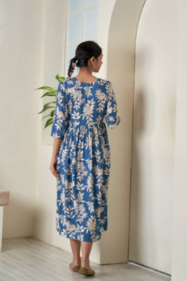 Womens Rayon Self Designer Floral Printed Blue Flared Kurtis  2
