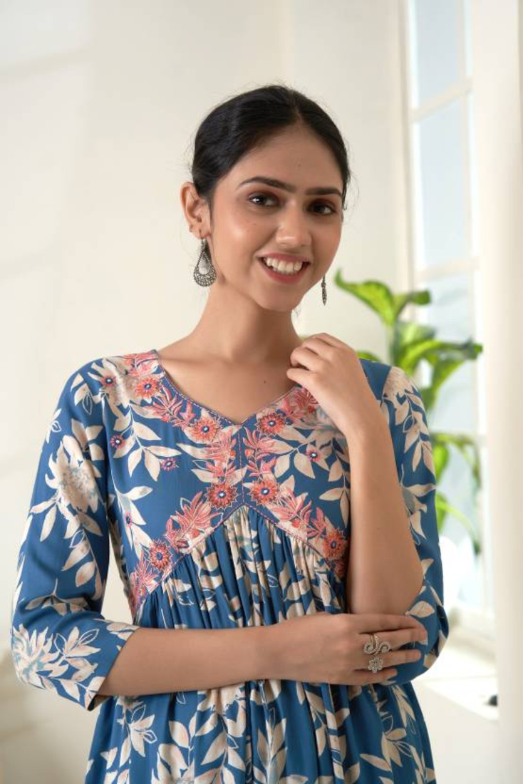 Womens Rayon Self Designer Floral Printed Blue Flared Kurtis 