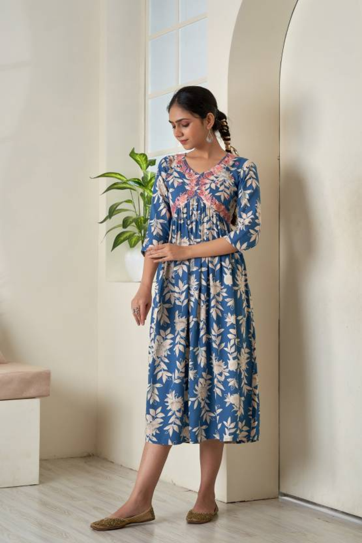 Womens Rayon Self Designer Floral Printed Blue Flared Kurtis 