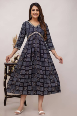 Womens Rayon Printed Black Designer Flared Gown Cum Kurti  1