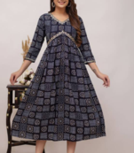 Womens Rayon Printed Black Designer Flared Gown Cum Kurti 