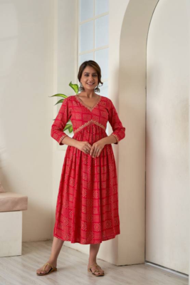 Bloom Red Flared Rayon Kurti 1