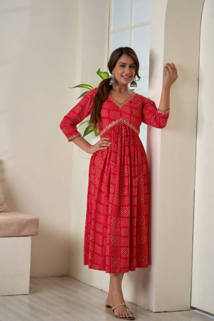 Bloom Red Flared Rayon Kurti