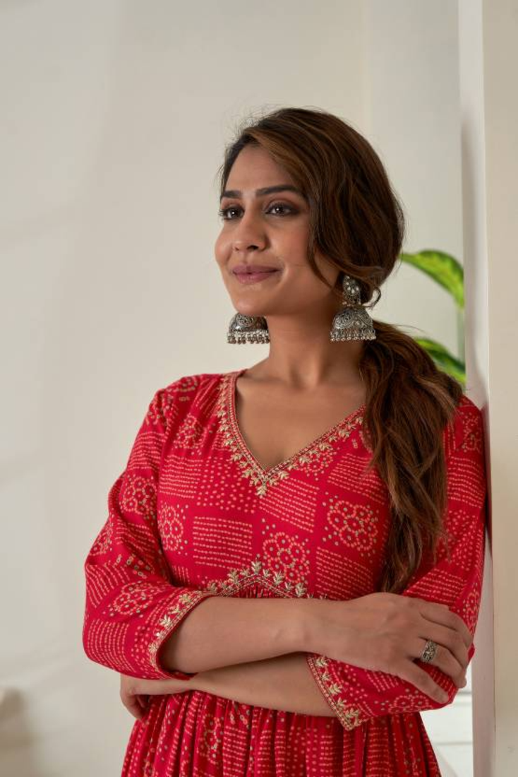 Bloom Red Flared Rayon Kurti