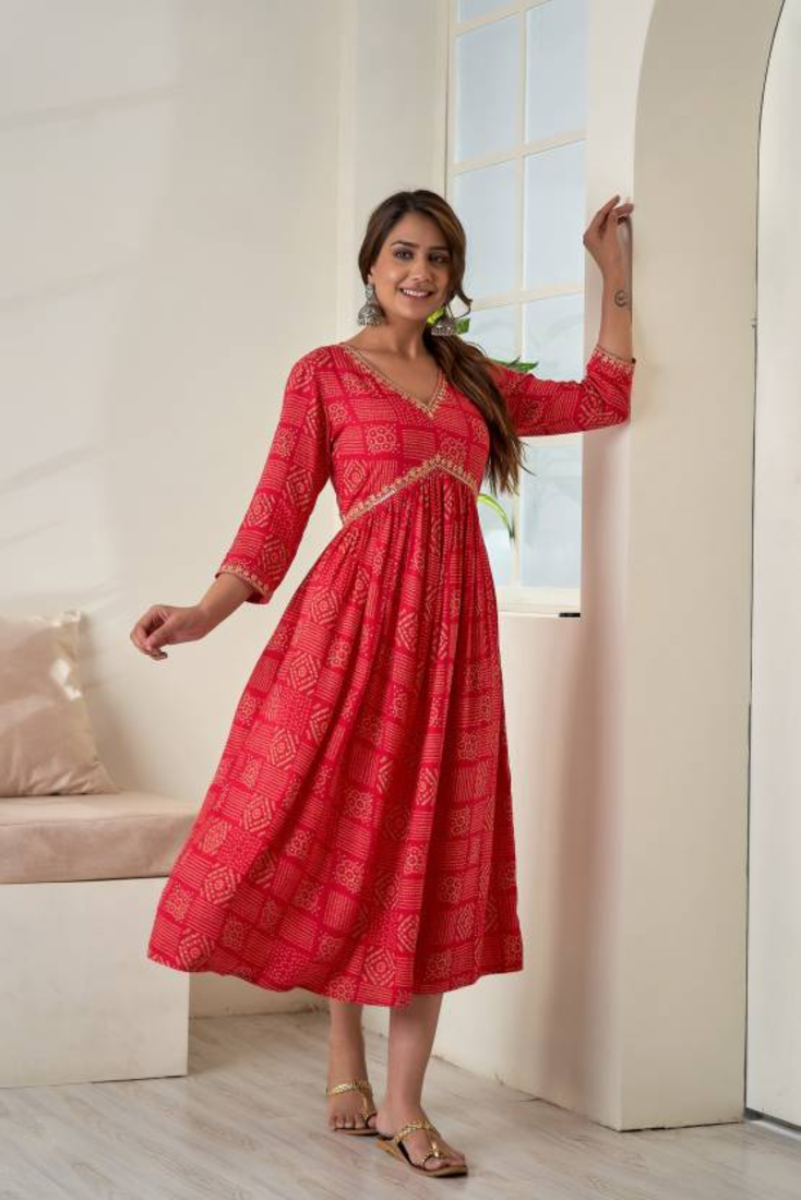 Bloom Red Flared Rayon Kurti