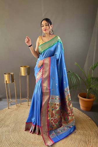 Light Blue Paithani Silk Blend Saree With Rich Pallu And Contrast Zari Blouse
