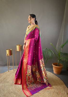 Magenta Paithani Silk Blend Saree With Rich Pallu And Contrast Zari Blouse 3