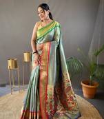 Green Paithani Silk Blend Saree With Rich Pallu And Contrast Zari Blouse