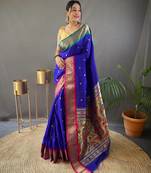 Blue Paithani Silk Blend Saree With Rich Pallu And Contrast Zari Blouse