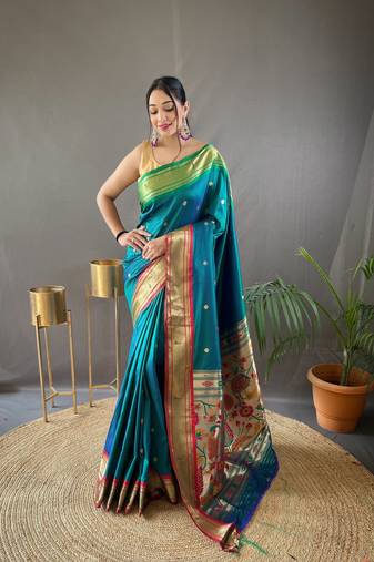 Teal Paithani Silk Blend Saree With Rich Pallu And Contrast Zari Blouse