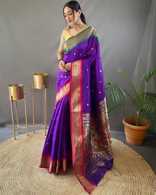 Purple Paithani Silk Blend Saree With Rich Pallu And Contrast Zari Blouse 1