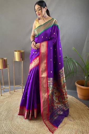 Purple Paithani Silk Blend Saree With Rich Pallu And Contrast Zari Blouse