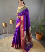 Purple Paithani Silk Blend Saree With Rich Pallu And Contrast Zari Blouse