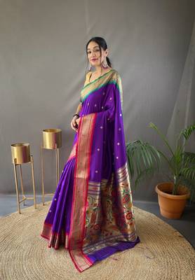 Purple Paithani Silk Blend Saree With Rich Pallu And Contrast Zari Blouse 3
