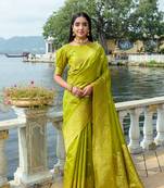 Lime Green Soft Silk Blend Saree With Fine Zari Weaving Border With Running Blouse Piece