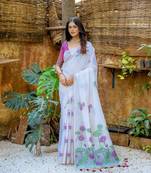 Lavender Soft Muga Silk Blend Saree With All Over Unique Floral Weaving Pattern And Contrast Blouse Piece