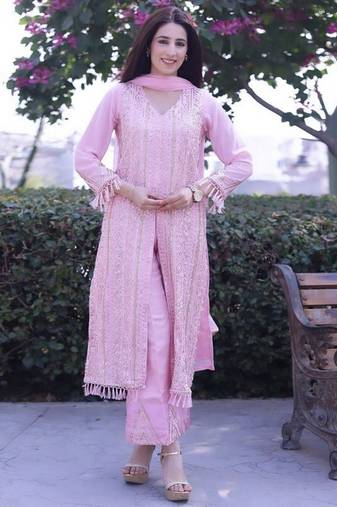 Light Pink Designer Heavy Embroidery Work Faux Georgette Semi Stitched Pant Party Wear Salwarsuit