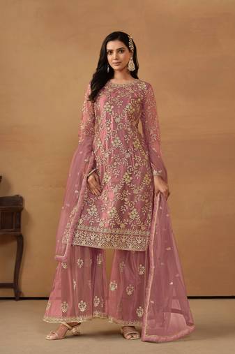 Light Pink Heavy Designer Sequance Embroidery Work Net Semi Stitched Sharara Party Wear Salwarsuit