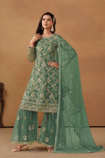 Green Heavy Designer Sequance Embroidery Work Net Semi Stitched Sharara Party Wear Salwarsuit