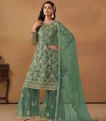 Green Heavy Designer Sequance Embroidery Work Net Semi Stitched Sharara Party Wear Salwarsuit