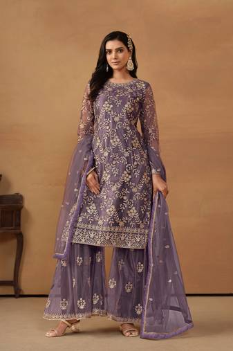 Purple Heavy Designer Sequance Embroidery Work Net Semi Stitched Sharara Party Wear Salwarsuit