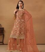 Mustard Heavy Designer Sequance Embroidery Work Net Semi Stitched Sharara Party Wear Salwarsuit