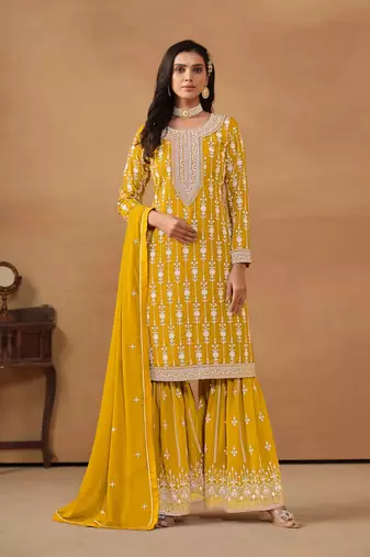 Yellow Heavy Designer Embroidery Work Faux Georgette Semi Stitched Sharara Party Wear Salwarsuit