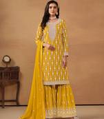 Yellow Heavy Designer Embroidery Work Faux Georgette Semi Stitched Sharara Party Wear Salwarsuit