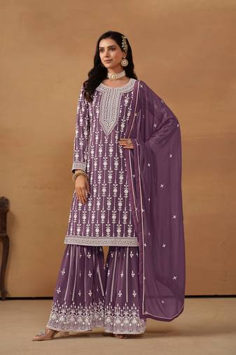 Purple Heavy Designer Embroidery Work Faux Georgette Semi Stitched Sharara Party Wear Salwarsuit